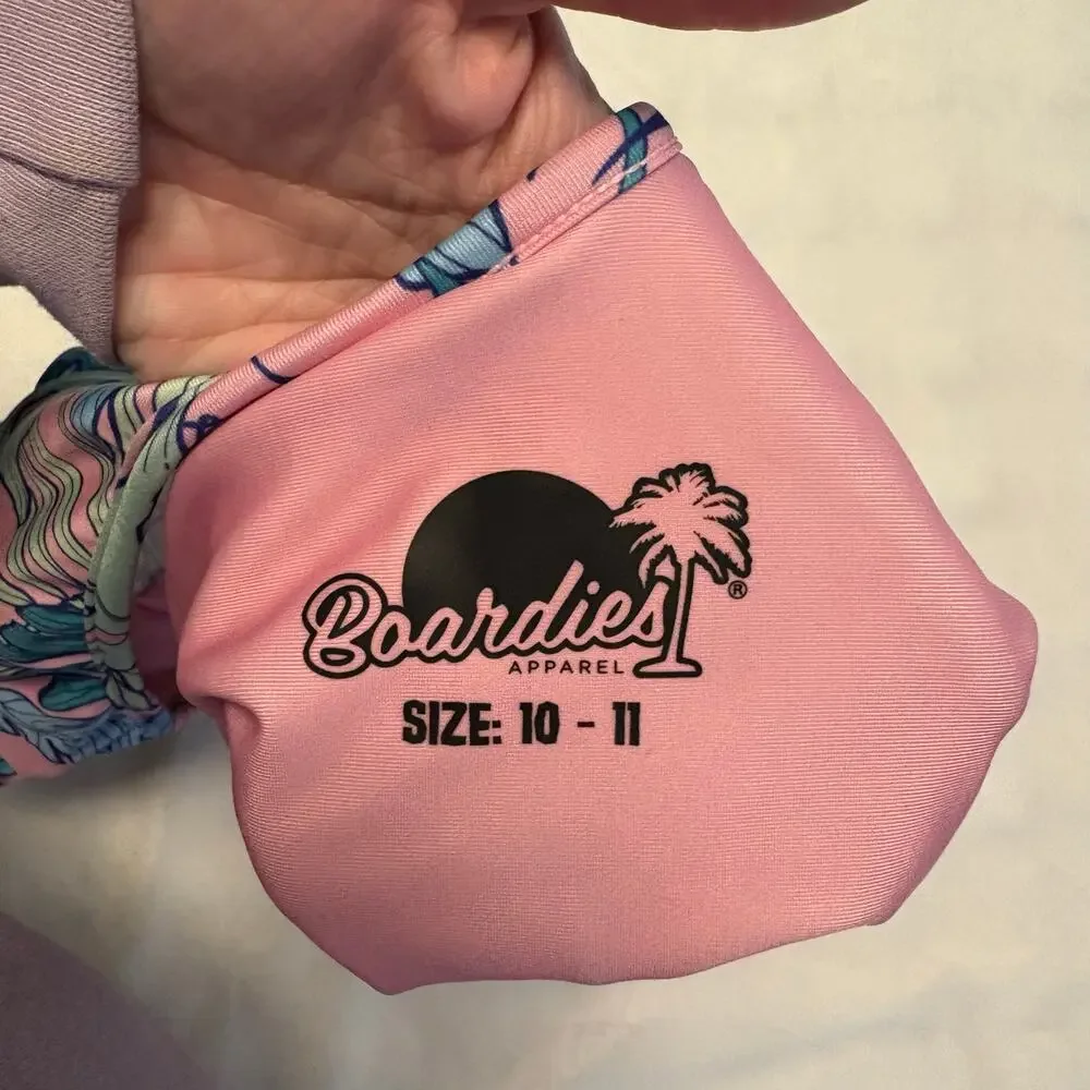 Boardies Apparel Pink Green Leafy Tropical One Piece Ruffle SZ 10-11 Scoop Neck